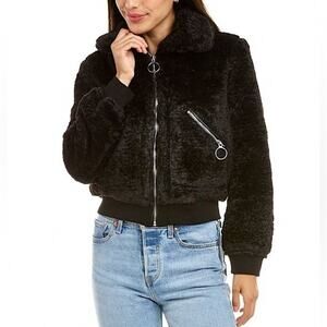 Blank NYC Women's Black Velvet Sherpa Bomber Jacket Black Metal Zip Small New